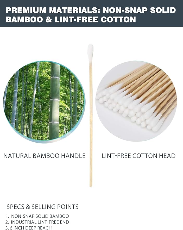 Dog Ear Swabs 600 Count Refill – 6 Inch Bamboo Cotton Swabs for Dogs & Cats, Lint-Free Large Absorbent Round Tips for Ear Wax Cleaning & Tear Stain Removal, 6 Resealable Packs (No Box)