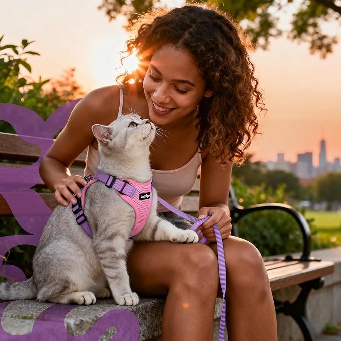 rabbitgoo Cat Harness and Leash Set, Escape Proof Vest Harness for Safe Outdoor Walks, Soft Breathable Adjustable Vest with Reflective Strips for Small and Average Cats, Pink & Purple, S