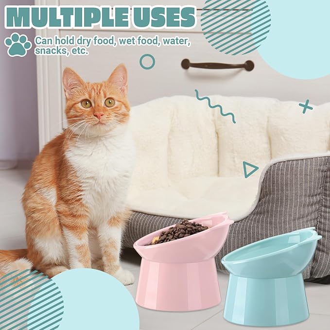Zhehao 2 Pcs Elevated Cat Bowl Set, Tilted 15° Plastic Raised Food and Water Bowls Anti Vomit Pet Feeding Dishes for Indoor Cats/Small Dogs(Cat Ears,Light Green, Red)
