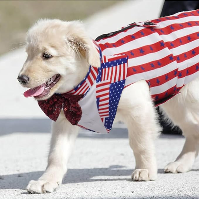 Kuoser Independence Day Dog Tuxedo Dog Suit and Bandana Set, 4Th of July Dog Costume American Flag Dog Outfit with Bow Tie for Large Medium Small Dogs Golden Retriever Samo Bulldogs, M