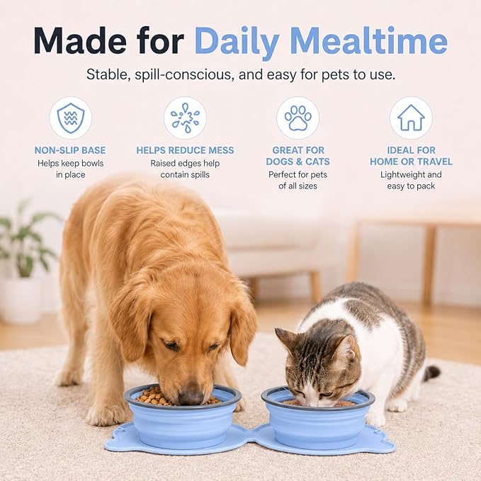Collapsible Dog Bowls, 2-in-1 Silicone Pet Food and Water Bowl with Carabiner - Portable Double Compartment Travel Dish for Dogs, Ideal for Camping, Hiking (Light Blue)