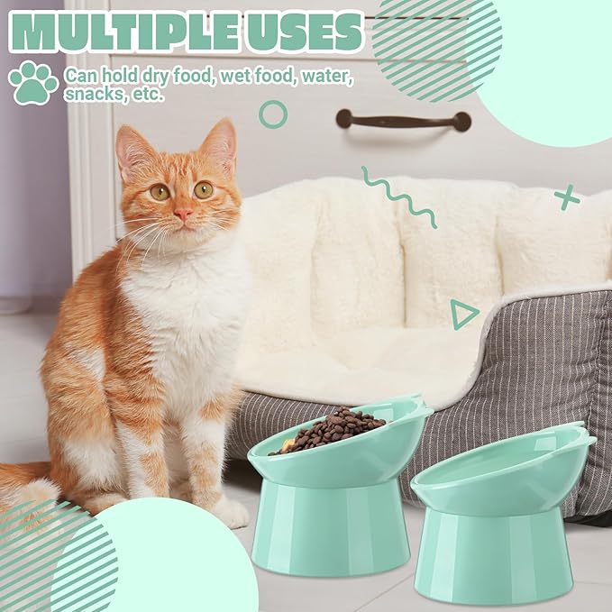 Zhehao 2 Pcs Elevated Cat Bowl Set, Tilted 15° Plastic Raised Food and Water Bowls Anti Vomit Pet Feeding Dishes for Indoor Cats/Small Dogs(Cat Ears,Green)