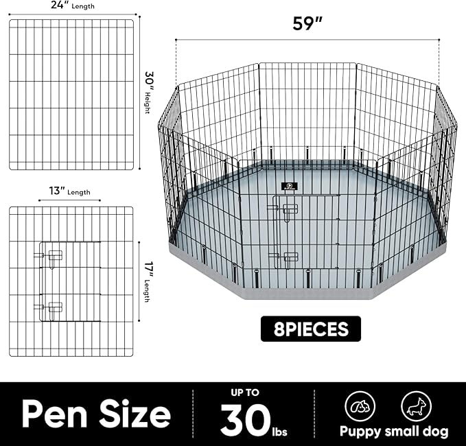 PJYuCien Octagonal Dog Playpen with Bottom Pad - Metal Foldable Exercise Pen, 8 Panels 30" H x 24" W Indoor Outdoor Pet Fence Puppy Crate Kennel, Gray