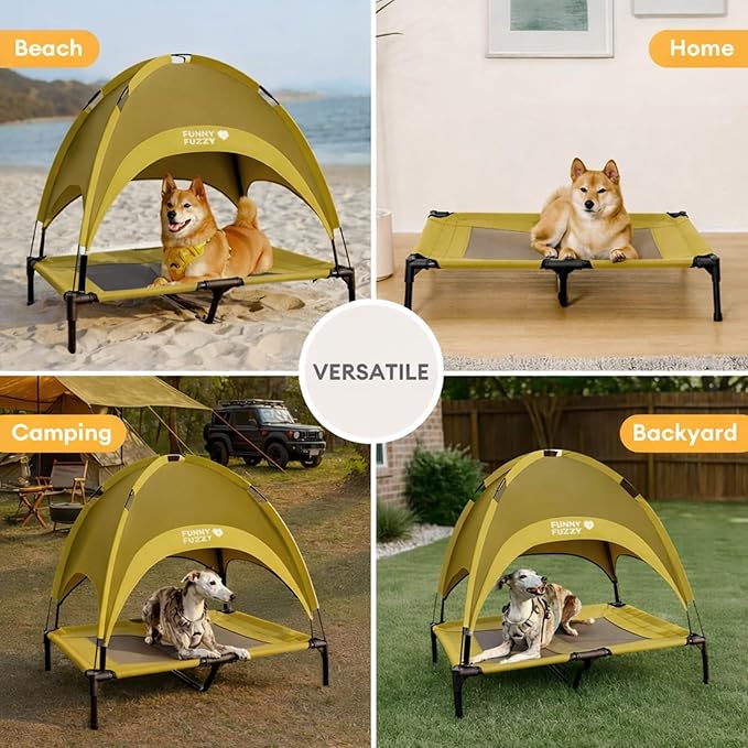FUNNY FUZZY Elevated Dog Bed with Canopy, Green, Small (24"x18"x7") – Outdoor Pet Cot with UV Protection, Breathable Mesh for Cooling, Indoor & Outdoor Use for Dogs up to 120 lbs,Green