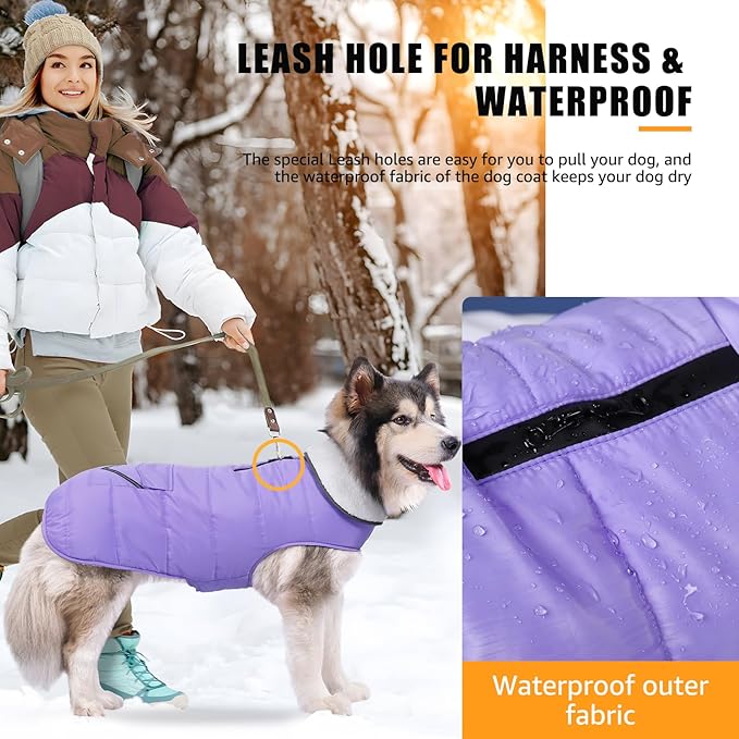Dog Winter Jacket for Extra Large Dogs, Easy on 3XL Dog Snow Coat Velcro Waterproof Pet Puffer Clothes with Harness Hole Adjustable Reflective Quilted Pet Cold Weather Vest for Girl Female