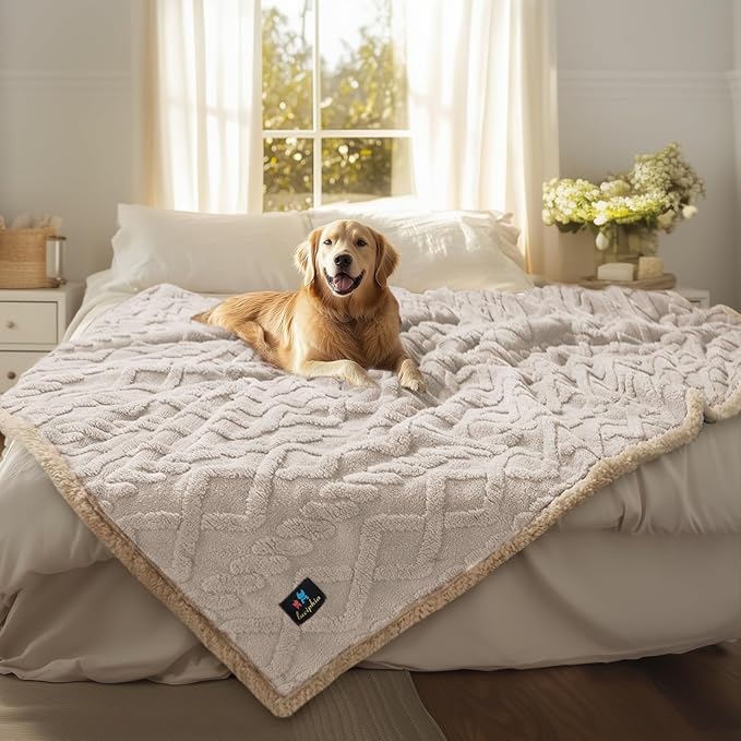 Waterproof Pet Blanket, Liquid Pee Proof Dog Blanket for Sofa Bed Couch, Reversible Sherpa Fleece Furniture Protector Cover for Small Medium Large Dogs Cats, Beige-thicken King Size(90" x 82")