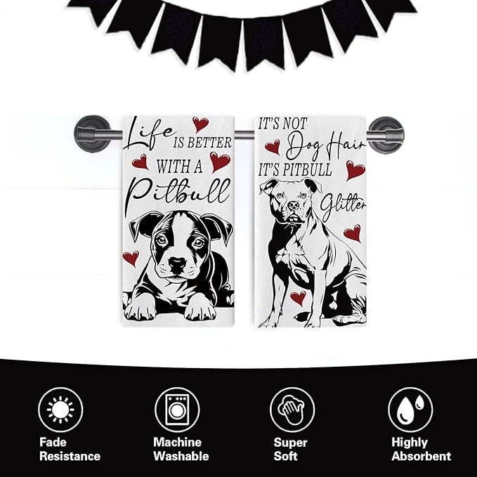 Funny Pitbull Dog Kitchen Dish Towels Set of 2, Life is Better with a Pitbull Drying Hand Towel Baking Cooking Cloth, Red Hearts Bathroom Home Decoration Gifts for Pet Dog Owner Lover 18''x26''