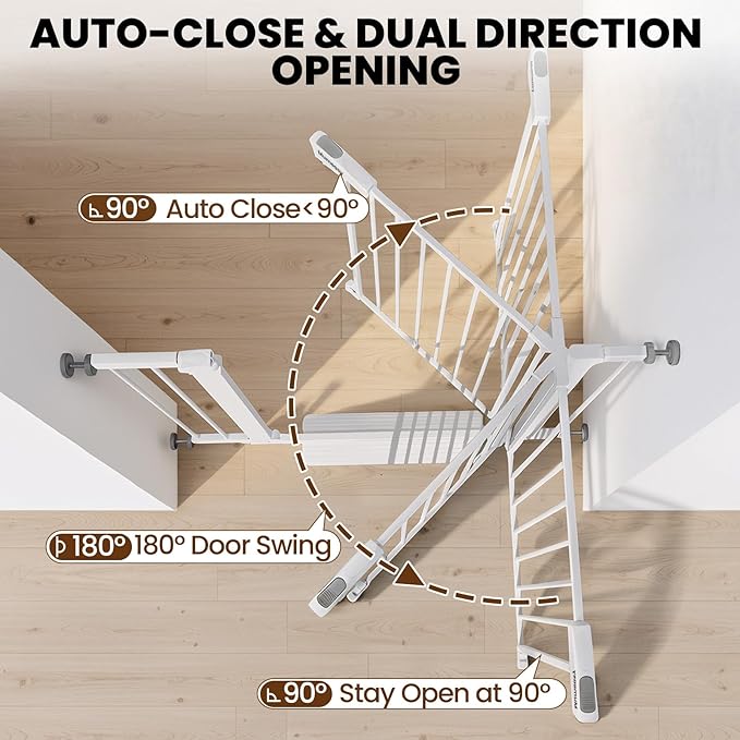 Baby Gate for Stairs, 29.7-40.6" Auto Close Dog Gate Indoor for Doorways, Dual-Lock Design, Adjustable Pet Gate No Drilling with Walk Thru Door for Hallways, Stroller Friendly, White