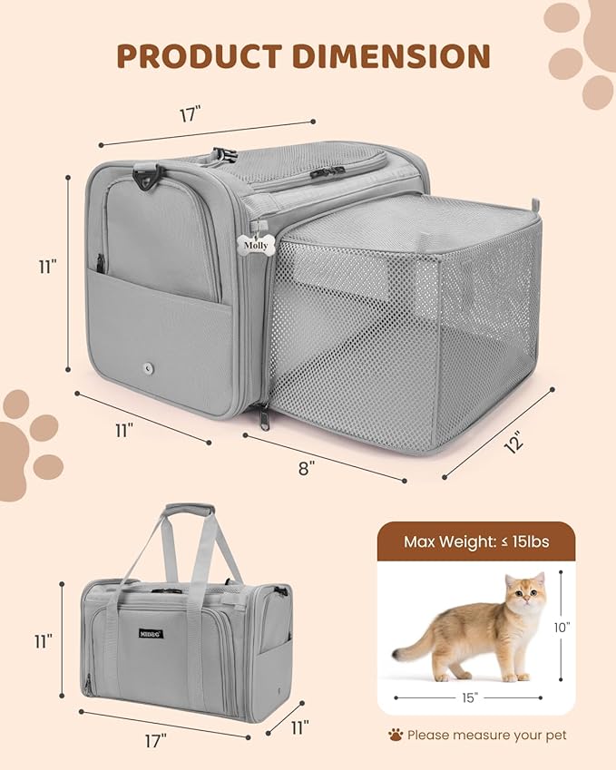 MIDOG Cat Carrier Soft for Small to Medium-Sized Cats,Up to 15 Lbs, TSA Airline Approved Soft Sided Pet Carrier,Collapsible Travel Cat Carry Bag(Grey)