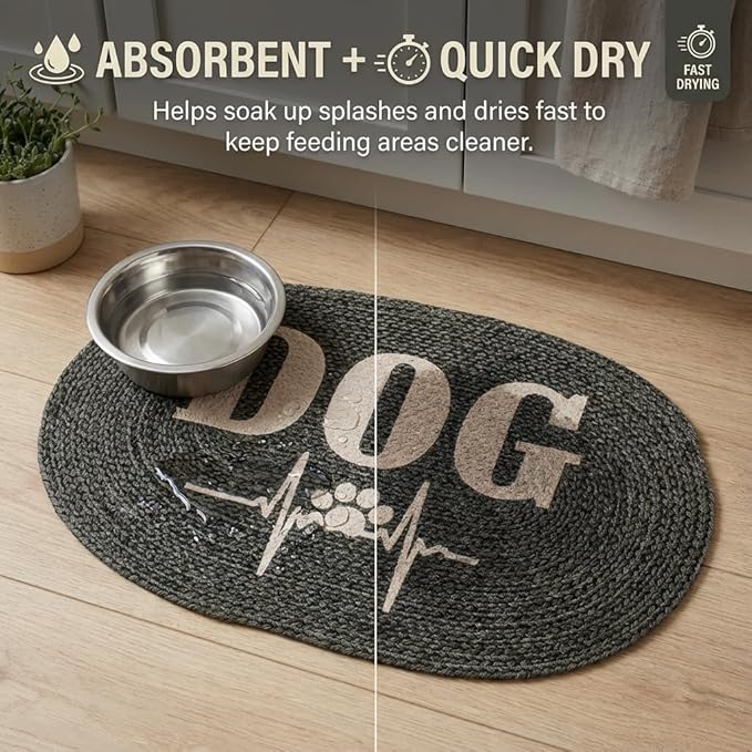 Super Area Rugs Decorative Dog Feeding Mat - 15" x 23" Charcoal Charcoal Pet Placemat for Food and Water Bowls - Soft Natural Cotton Woven Rug - Easy Clean & Absorbent Dog Bowl Mat - Made in India