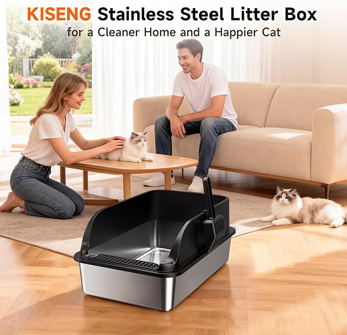 Extra Large Stainless Steel Litter Box with Lid, XL Odor Free Metal Litter Box with High Sides for Big Cats, Open Top Easy Cleaning Kitty Box Anti-Urine Leakage, Non-Sticky, Include Scoop, Black