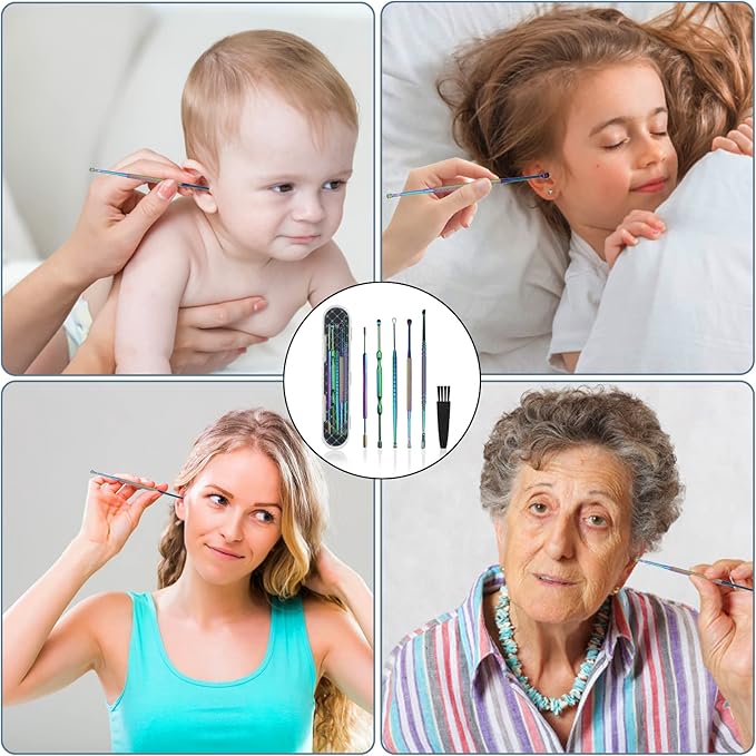Hion 6 Pcs Ear Wax Removal Kit,Professional Double-Headed Ear Pick Earwax Removal Tools,316L Stainless Steel Ear Cleaner Curette with Cleaning Brush and Storage Box,Suit for Kid Adult(Colorful)