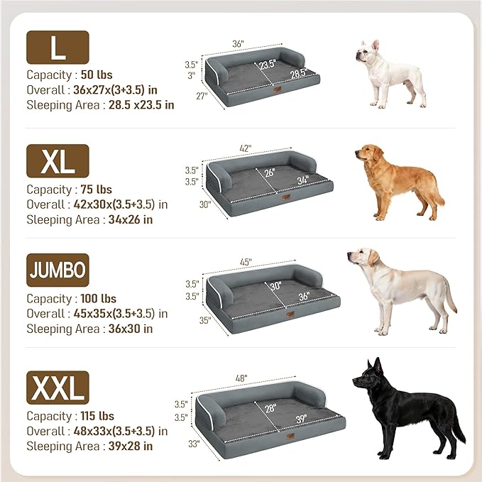 Comfort Expression Extra Large Dog Bed - XXL Washable Orthopedic Bed for Big Dogs - Pet Couch Waterproof Bolster with Removable Non-Slip Cover, 48 x 33