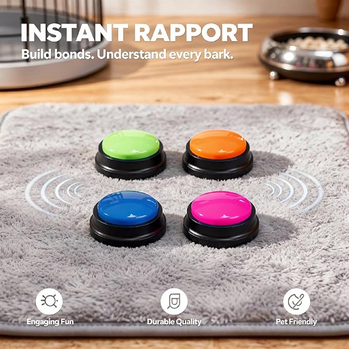 4 Pcs Dog Talking Buttons for Communication, Recordable Pet Training Voice Command Buzzers, 3.1 in Sound Button Box for Pets, Easy One-Touch Voice Recording and Response Training Tools