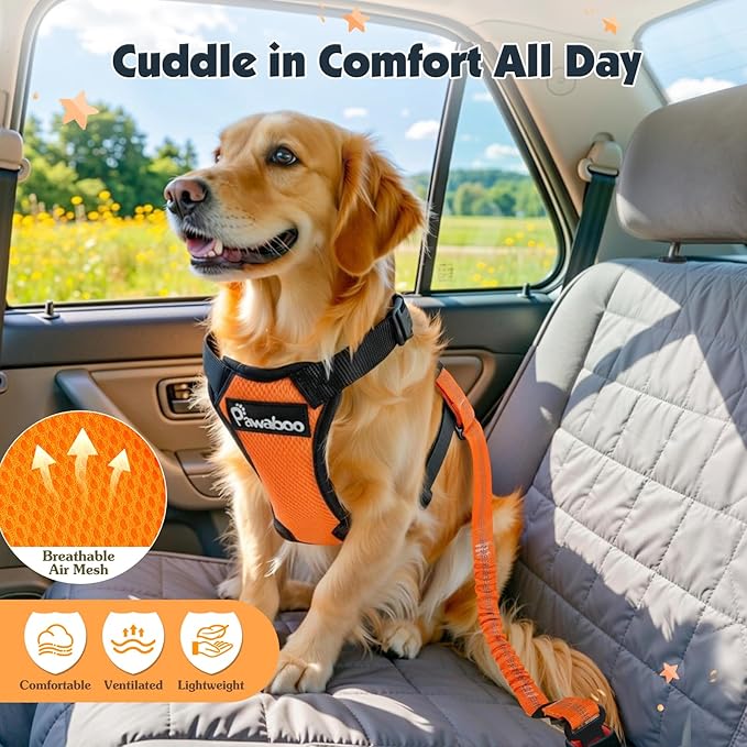 Pawaboo Dog Seat Belt Harness for Car, Dog Car Harness Seatbelt with Double Clips, Adjustable Breathable Pet Vest & Dogs Safety Tether with Elastic Bungee for Small Medium Large Pet, S, Orange/Black
