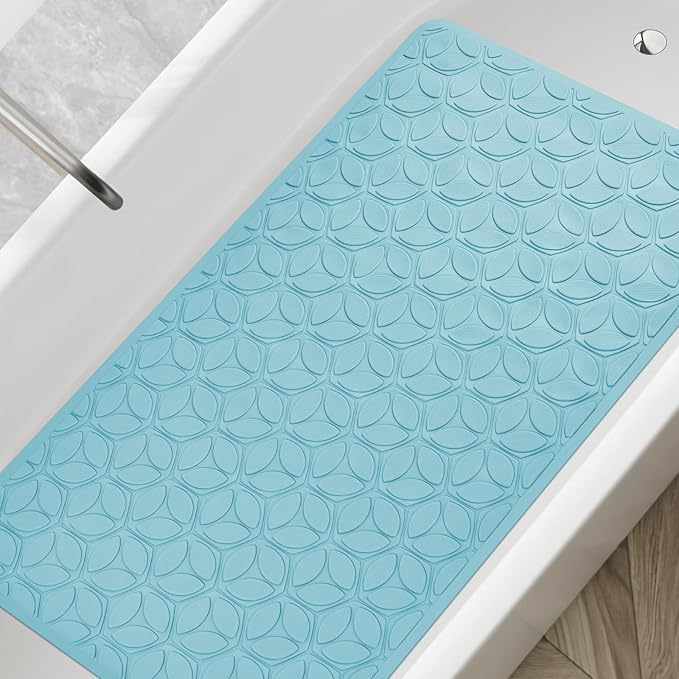 Bathtub Mat Non Slip with Suction Cups - 100% Rubber Bathroom Mat Textured for Bath Tub Shower Safety - Soft on Touch - BPA/PVC Free - Pet Dog Bath Mat - Machine Washable - 16 × 28 Inch(Blue)