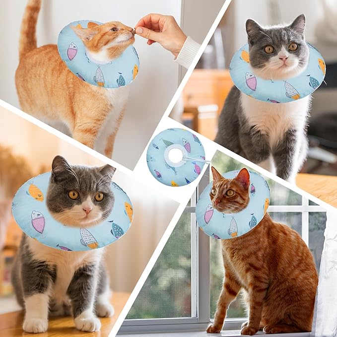Seyezo Cat Cone Collar Soft, Kitten Spay Soft Cones to Stop Licking, Cat Neck Donut Pillow After Surgery, Kittens Protective Collar After Spay, Cute Recovery Cone for Cats (Blue Fish, Small)