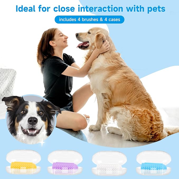 babove Dog Toothbrush 4-Pack - Non-Slip Dog Finger Toothbrush with 3-Clasp Lock for Secure Fit - Soft Silicone Pet Teeth Cleaning Kit with Independent Storage Cases for Small Medium Dogs & Puppies