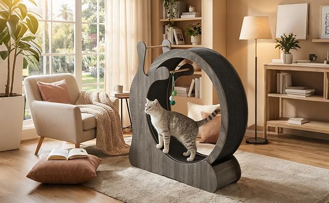 Cat Exercise Wheel,45" Wooden Cat Treadmill with TPE Silent Rollers, Indoor Running Wheel with Interactive Toys, Sisal Scratching Pad & Storage Shelf, Safe Narrow Gap for Large Cats