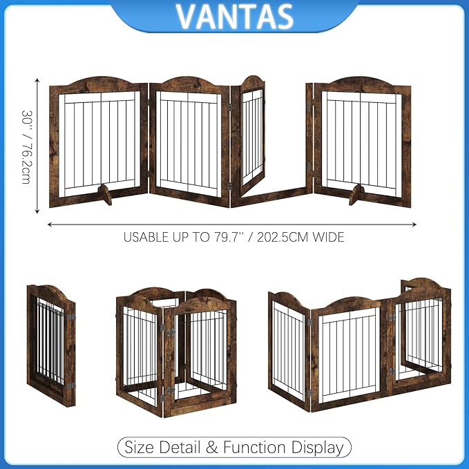Vantas Folding No-Assembly Dog Door Pet Gate 96" Wide, 30" Tall Wooden Dog Gate with Door Walk Through, Freestanding Wire Pet Gate, Pet Puppy Safety Fence, with 2PCS Support – Rustic Brown