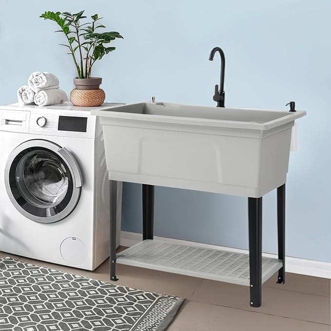 ROVSUN 37-Gallon Freestanding Utility Sink with Faucet, 36" Heightened Basin for Laundry, Garage, Outdoor Garden, Pet Wash, Heavy Duty Plastic Laundry Tub with Storage Shelf, 40"L×24"W×36"H, Gray
