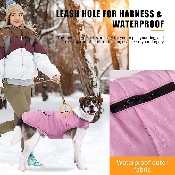 Dog Winter Coat for Large Dogs, Easy on Dog Snow Coat Velcro Waterproof Pet Puffer Jacket with Harness Hole Adjustable Reflective Quilted Pet Cold Weather Vest Wind-Poof for Pitbull Boy Girl