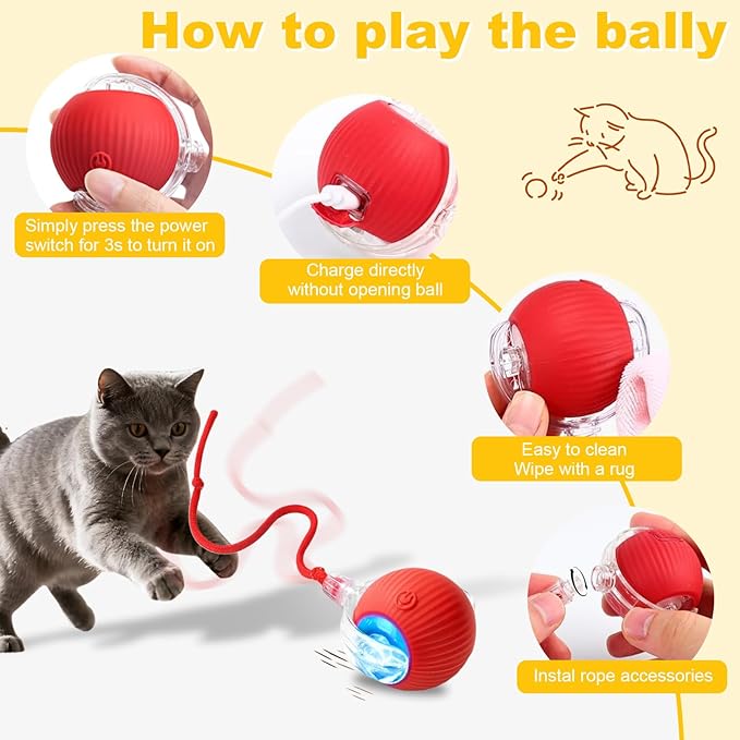 USB Rechargeable Smart Cat Toy Ball, 360° Rotation Automatic Moving Chase Toy, Obstacle Avoidance Interactive Play with 4 Spiral Springs, Enrichment Toys for Indoor Cats, Puppies & Small Dogs (Red)