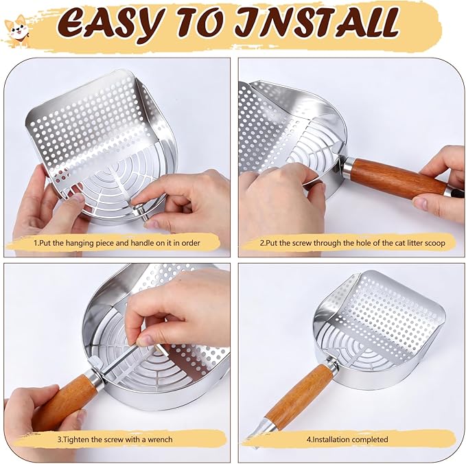Cat Litter Scoop 304 Stainless Steel Rust Proof, Sifting Litter Box Scooper with Wood Handle, Curved Design for Easy Cleaning, Dual Sifter Holes cat Litter Shovel