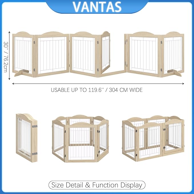 Vantas Folding No-Assembly Dog Door Pet Gate 144" Wide, 30" Tall Wooden Dog Gate with Door Walk Through, Freestanding Wire Safety Fence for Puppies, with 2PCS Support - Natural White