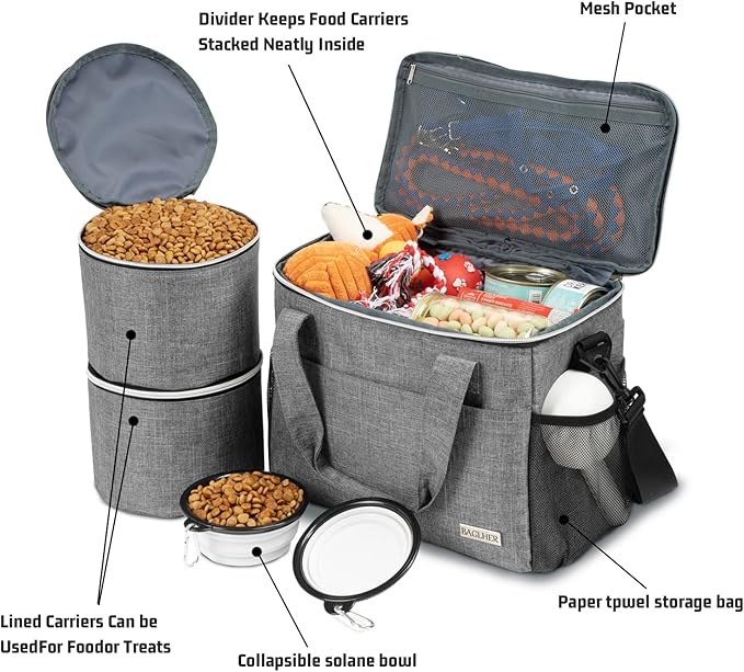 BAGLHER Dog Travel Bag Backpack Pet Supplies Backpack Pet Accessories Storage Bag 5-Piece Set With Shoulder Strap 2 Lined Pet Food Containers 4 Foldable Feeding Bowls Essential Kit for Pet travel