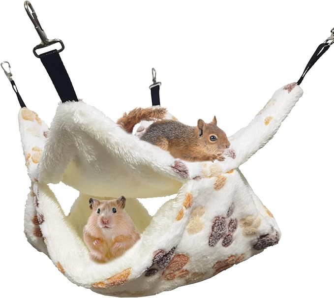 Guinea Pig Ferret Hammock for Cage - Machine Washable Double-Decker Hanging Bed - Fits Sugar Glider,Fancy Rat,Hamster,Gerbil - 13.3" x 13.3" - White-Footprints Pattern