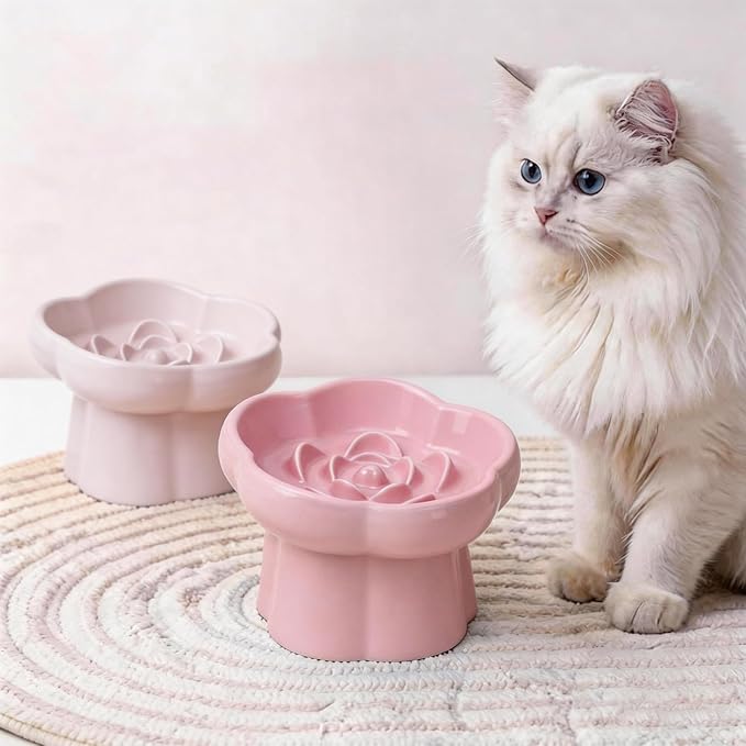 Cat Slow Feeder Flower-Shaped Ceramic Slow Feeder Cat Bowl, Tilted Raised Cat Slow Feeder Bowl for Whisker Relief, Prevents Vomiting & Bloating, Non-Slip Base (White)