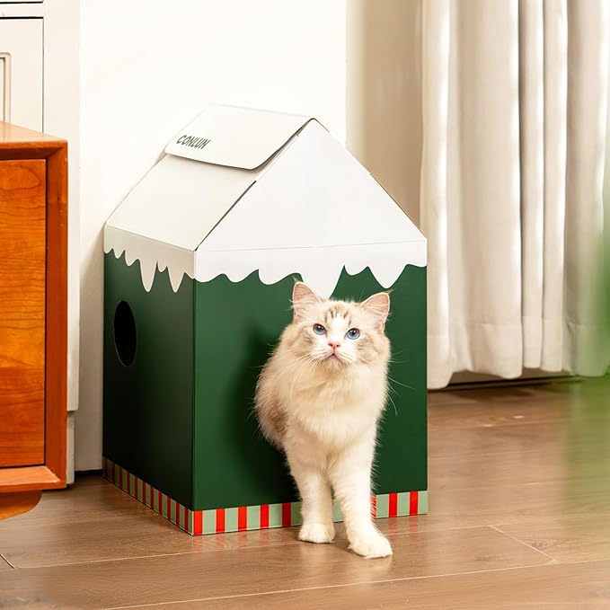 Conlun Cardboard Cat House with Scratch Pad & Catnip, Cat Play Scratching House for Indoor Hideaway Furniture, Heavy Duty Sturdy Cardboard Scratcher, Easy to Assemble Birthday Gift, Medium