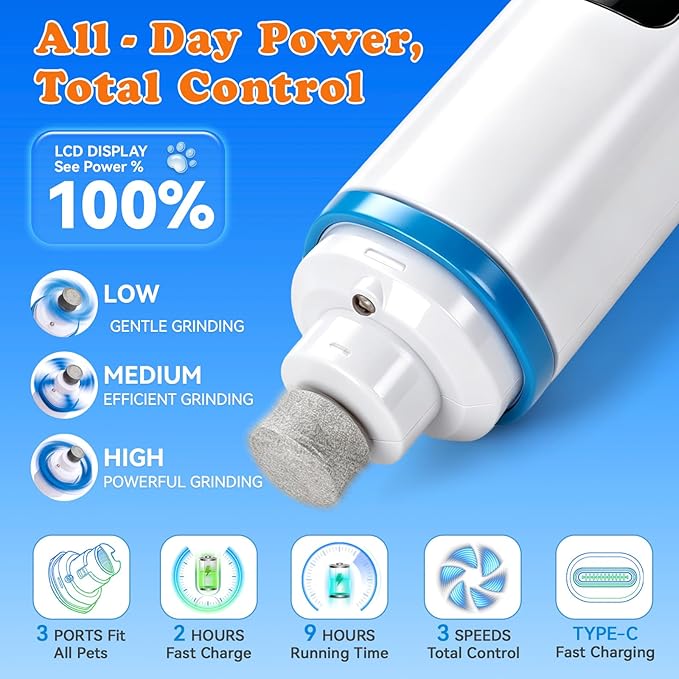 Dog Nail Grinder with LED Light – Quiet & Safe Pet Nail Trimmer for Small Medium Large Dogs & Cats, Cordless & Rechargeable, Low Noise Dog Nail Care for Beginners