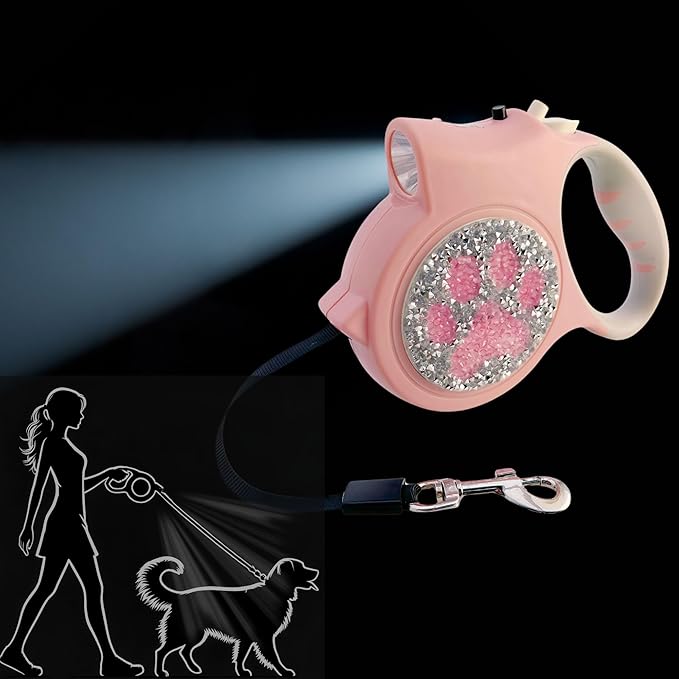 Led Retractable Dog Leash – 16ft Leash with Handcrafted Sparkle Detail Tangle-Free One-Hand Brake Soft Grip Handle for Small & Medium Dogs Up to 77lbs (DL-PK)