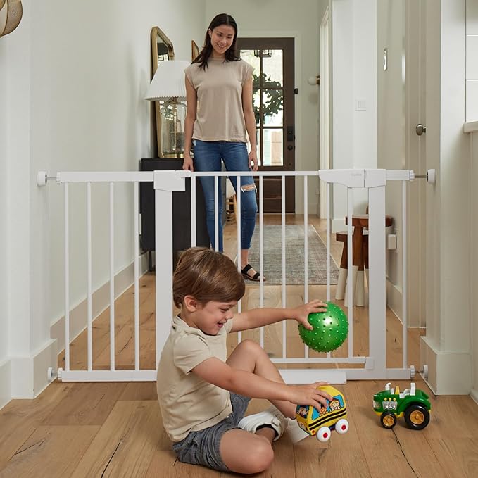 Cumbor 2 Pack 30-46" Baby Gate for Stairs, Mom's Choice Awards Winner-Auto Close Dog Gate for doorways, Easy Install Pressure Mounted Pet Gates Indoor, Easy Walk Thru Wide Safety Gate for Dog, White