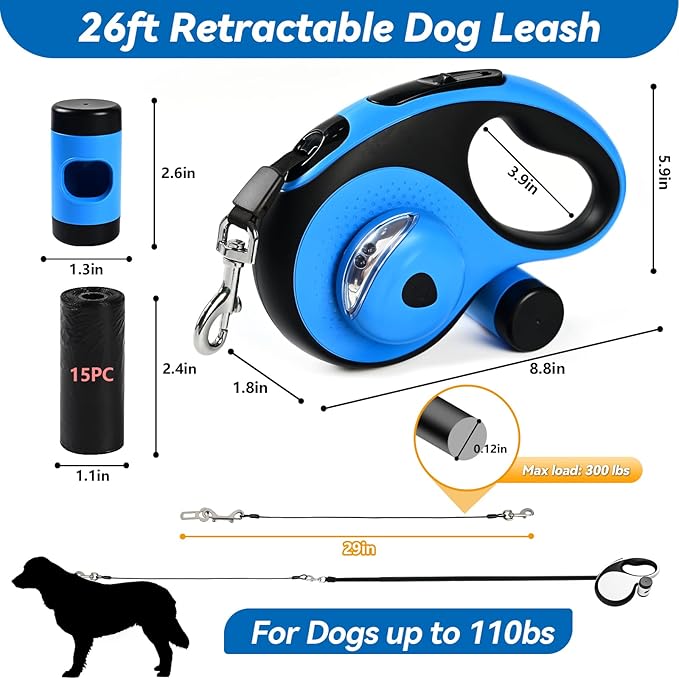 Heavy Duty Retractable Dog Leash for Large Dogs, 26ft Dog Leash with Poop Bag Holder, Up to 110lbs, chew Proof Cable, LED Light, 360° No-Tangle, One-Handed Pause & Locked (Blue, L 26ft)