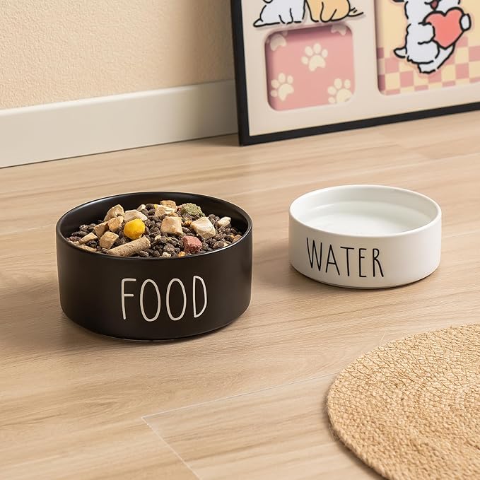 Ceramic Dog Bowls Set of 2 - Weighted Dog Dishes with Food & Water Lettering for Cats and Small Dogs, Food Grade Pet Bowl, Dishwasher & Microwave Safe (5.1 inch, 2 * 16oz, Black)