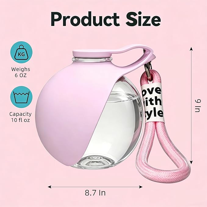 Portable Dog Water Bottle with Bowl, 10 Oz 2 in 1 Integrated Pet Water Bottle for Dogs Drinking, Leakproof Transparent Travel Water Bottle for Dogs On Walks, Hiking, Traveling (Pink Print)