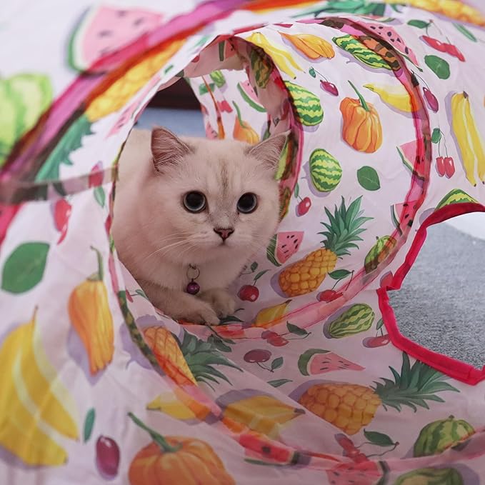 Andiker Cat Tunnel for Indoor Cats, 45" Long Rainbow Collapsible Kitten Tube with a Fun Ball and 2 Holes Cat Play Tunnel, Rabbit Tunnel for Kittens Exercising Hiding Training and Running (S Pink)