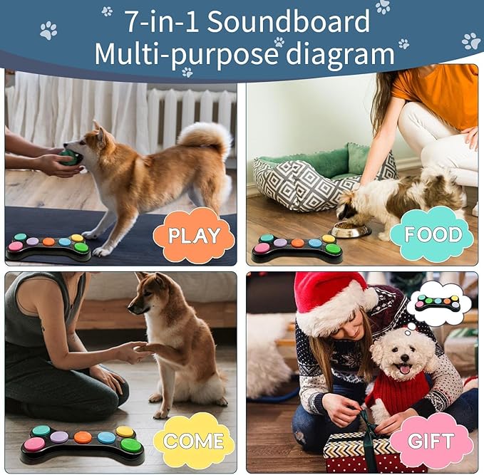 Dog Buttons for Communication, 7 in 1 Dog Talking Button Set, Recordable Training Buzzers for Dogs with 50 Scene Stickers (Battery Included)