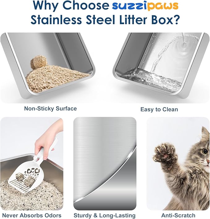 Suzzipaws 8" Deep Stainless Steel Litter Box with Lid Extra Large Cat Litter Box for Big Cats XL Metal Litter Pan Tray with High Wall Sides Enclosure, Non-Sticky, Anti-Leakage (Charcoal Gray)