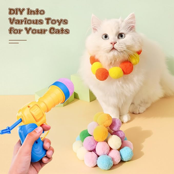 Kerros Interactive Cat Ball Toy with 1 Plastic Launcher Gun and 30 Fuzzy Pom Pom Balls, Funny Interactive Cat Toys for Indoor Self Play Cat Kitten Toys for Swatting, Biting, Hunting, Exercise