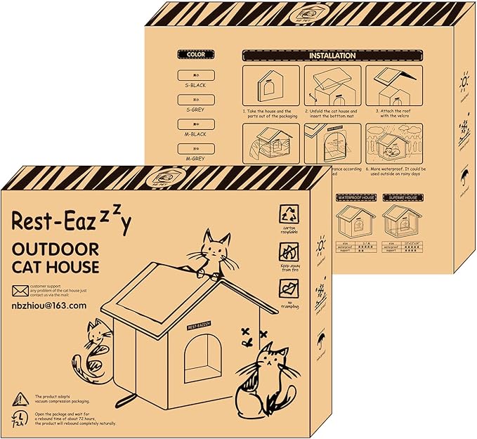 Rest-Eazzzy Cat House for Outdoor Cats, Weatherproof and Insulated Feral Cat House with Mat and Clip, Easy to Put Together, Selfwarming Cat Shelter for Summer(Grey, Waterproof House-S)