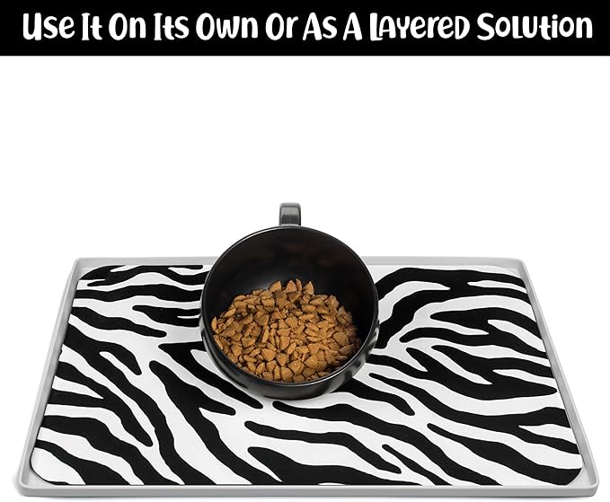 DogBuddy Dog Food Mat - Waterproof Dog Mat for Food and Water, Ultra Absorbent Bowl Placemat for Dogs, Nonslip Pet Feeding Mats, Machine Washable Dogs Mats for Floors (Small, Zebra)