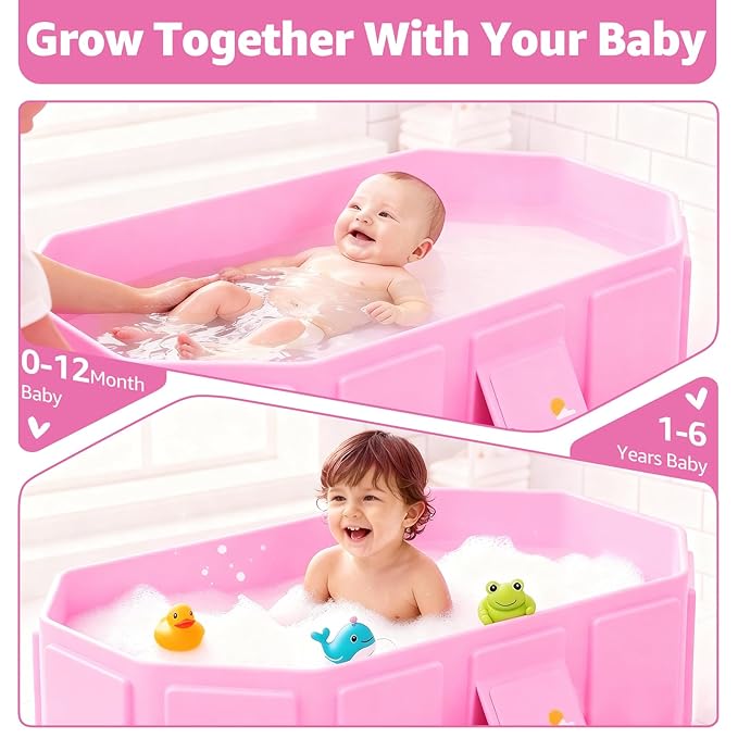 Collapsible Baby Bathtub, Toddler Bathtub with a Drain Plug, Folded for Storage Without Assembly, Suitable for Newborns to Toddlers, Portable Bathtub for Outdoor Travel, Pink