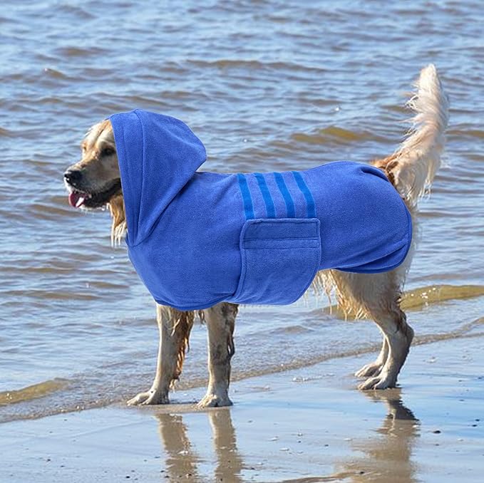 Geyecete Dog Drying Coat with Hood - Absorbent Robe Towel - Microfibre Fast Drying - Blue - XL