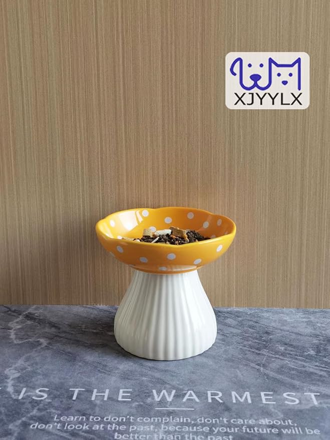 Mushroom Elevated Cat Bowls Ceramic, Raised Cat Bowl for Indoor Cats, Cute Cat Bowls Whisker Fatigue, Raised Dog Bowls Stand for Food and Water, Yellow 6" Wide for Adult Cats