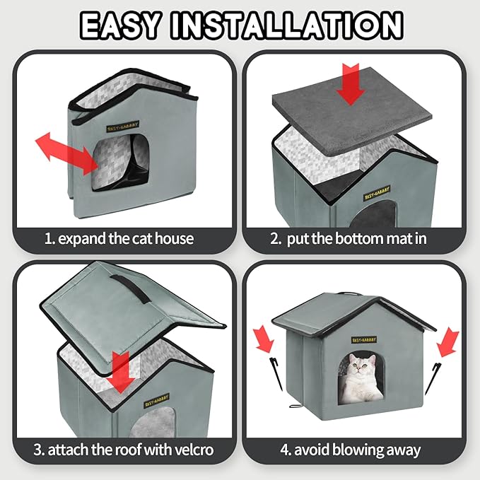 Rest-Eazzzy Cat House for Outdoor Cats, Weatherproof and Insulated Feral Cat House with Mat and Clip, Easy to Put Together, Selfwarming Cat Shelter for Summer, Never Blow Away (Grey, House X 2)