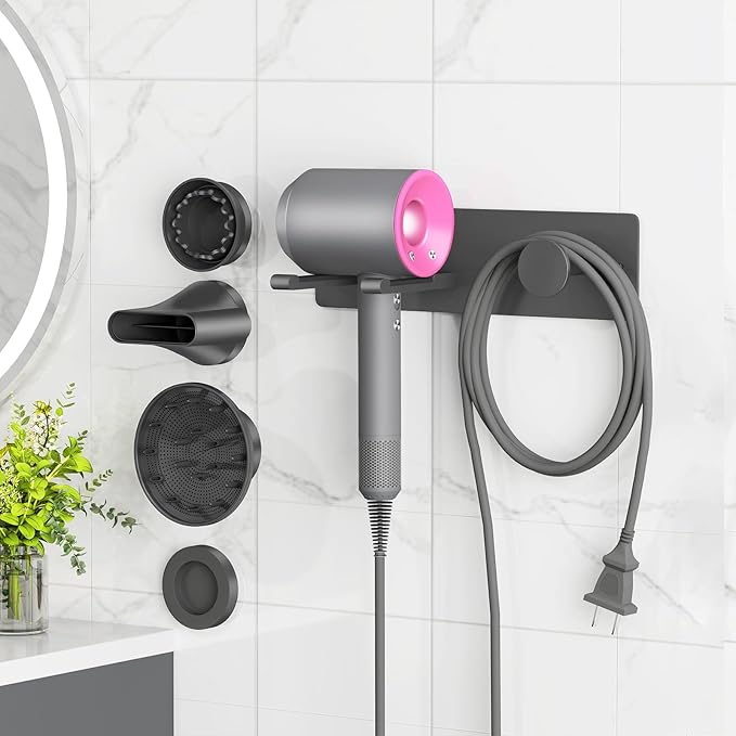 XIGOO Hair Dryer Holder Wall Mounted with 4-Adsorption, Self Adhesive Blow Dryer Holder for Power Plug, Diffuser and Nozzles Accessories Organizer, Matte Black